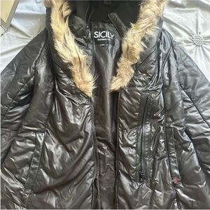 Women's Black Puffer Coat with Faux Fur Hood
